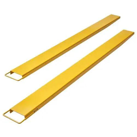 96 Inch Fork Extensions Six And Half Inch Wide Heavy Duty Pallet Fork Extenders, yellow metal, front view.
