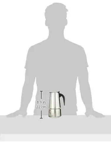 Stovetop Espresso Maker 9 Cup Moka Pot In Stainless Steel 450ml 15oz shown next to silhouette for size comparison