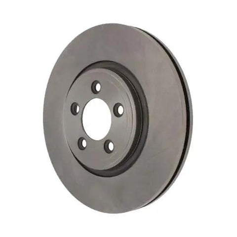 Centric C-Tek front brake rotor for Jaguar, metallic gray disc with five-lug hub (front view)