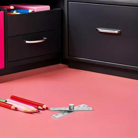 Six Pack CATIEBYE 360 Degree Rotation Stainless Steel Invisible Pivot Door Hinges set on pink surface near cabinet drawers