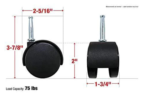 2 Inch Twin Wheel Office Chair Caster With Friction Stem Mount, Five Sixteenth Inch Stem Diameter, Black, Side and Front View