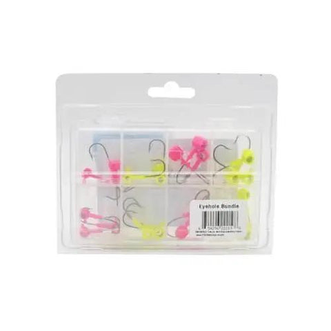 Eye Hole Scent Lock Jig Bundle for Crappie Fishing, includes 12 hammerhead jigs, 12 round jigs, and 1 jar Slab Bites in packaging