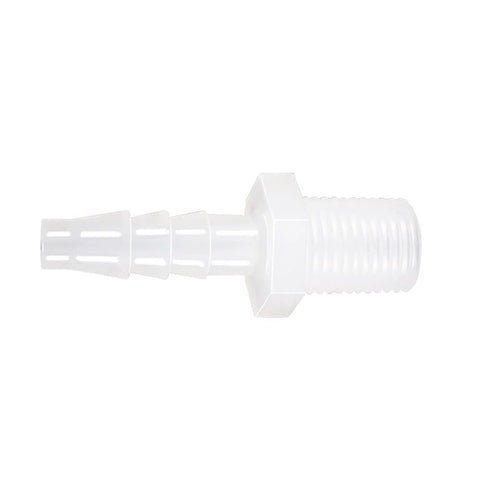 White plastic hose barb fitting with 1/4 in barb and 1/4 in NPT male thread