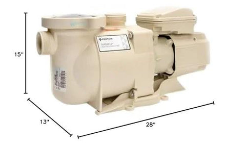SuperFlo 1HP EC pump for lawn and patio, beige, side view, 28in long x 15in high