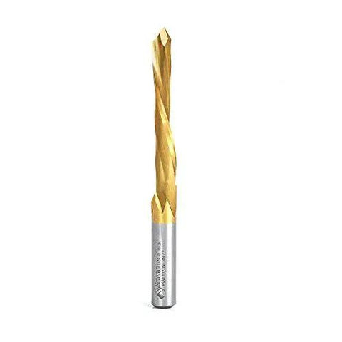 Durable Tin Coated HSS Router Bit For Steel Doors Half Inch Diameter Two And A Half Inch Cutting Depth Half Inch Shank Five And A Half Inch Overall Length TiN Coating For Strength And Edge Protection Amana Tool HSS1702TIN bit standing upright against a white background