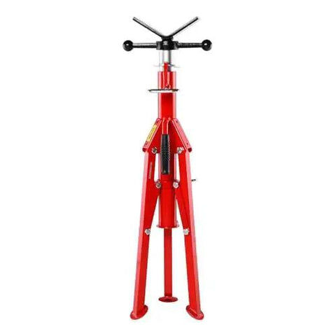 Heavy Duty Pipe Jack Stand With Adjustable Height And Folding Portable 2500 Lb, red metal, front view with three legs