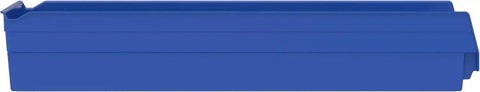 Side view of Heavy Duty Plastic Shelf Bins 24-Inch By 8-Inch By 4-Inch In Blue, 6 Pack, Perfect For Garage, Closet, And Drawer Organization.