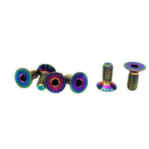 M5x12mm Titanium Steering Wheel Bolts Kit, 6 Pieces, Countersunk Flat Head Screws With Rainbow Titanium Finish, shown scattered