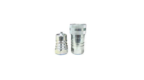 Hydraulic quick-connect Pioneer style couplers, 1 inch NPT thread, ISO 5675, metal, set of two with yellow dust caps