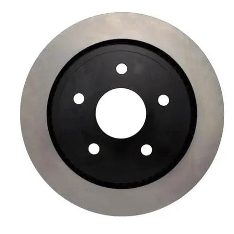 Front view of Centric Premium rear brake rotor, silver outer disc with black center hub and five lug holes