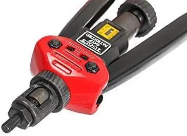 Close-up of Heavy Duty Rivet Nut Tool Hand Blind Riveter With 16 Inch Carbon Steel Arm showing head and mandrel fitting.