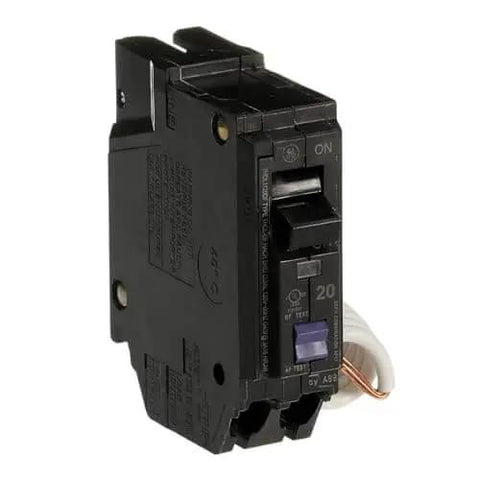 20A Dual-Function AFCI/GFCI Breaker, Single-Pole 120 VAC, model THQL1120DFP, showing front view of plug-in Q-Line, 1 in wide, for residential use.