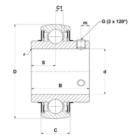 Technical diagram of 1 Inch Stainless Steel Insert Bearing With Locking Set Screws MUC205-16 SUC205-16, showcasing dimensions and design.