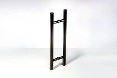 48 Inch Two Sided Modern Stainless Steel Front Door Pull Handle With Matte Black Finish For Single Or Double Doors Ideal For Sliding Barn Doors Or Interior Exterior Use With Internal External Push Pull Round Bar, shown front view on white background.