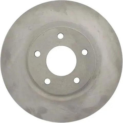 Front brake rotor; metallic disc with central hub bore and five lug holes