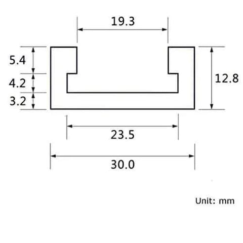 Technical diagram of 30 Type T Track Aluminum Miter Jig, dimensions in mm, part of woodworking accessory for precise fits.