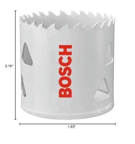 Front view of Two And A Quarter Inch Bi Metal T Slot Hole Saw With Eight Percent Cobalt M42 Alloy For Pro Grade High Temperature Tougher And Cleaner Cuts In Metal Wood And Plastic Featuring Triangle Chip Clearance For Quick Plug Removal Bosch HBT225