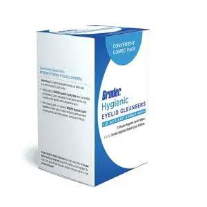 Box of Hygienic Eyelid Cleansing Wipes and Eyelid Solution Spray for Daily Care on white background.
