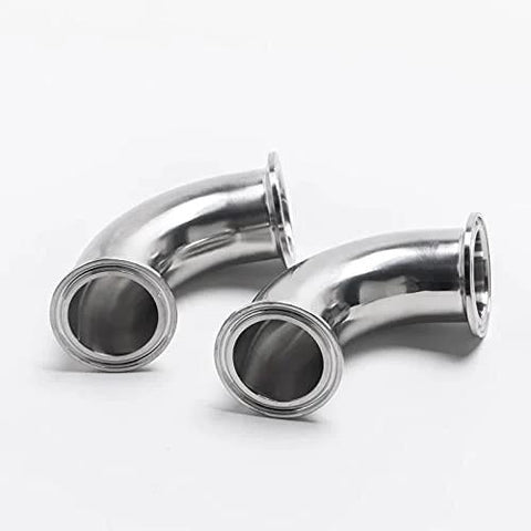 Two stainless steel 90-degree elbows, 1-1/2 in tube OD with tri-clamp ends.