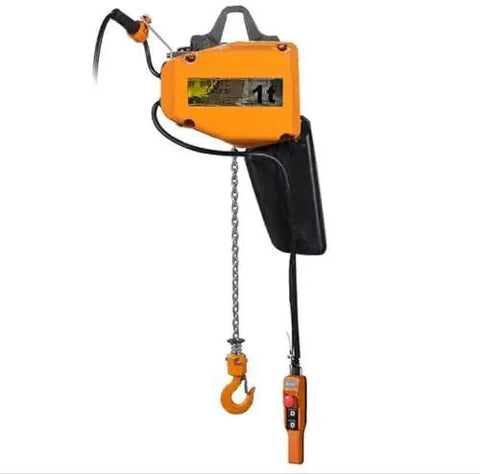 Front view of 1 Ton Air Hoist With 20Ft Lift And Pendant Control For Heavy Duty Crane Hoist showing chain and control pendant.