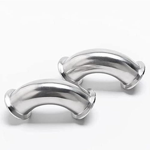 Two stainless steel 90-degree sanitary tri-clamp elbows for 1-1/2 in tube OD.