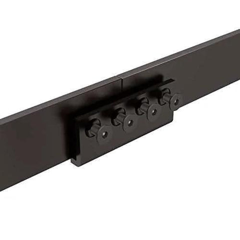 Matte Black Track Connector For Sliding Barn Door Track And Rail Systems, installed showing joint hardware and sleek black finish.