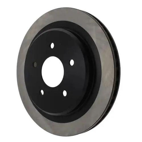 Brake rotor, rear-right, with black center hub and silver vented surface, front view