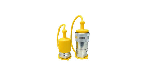 Hydraulic quick-connect couplers, Pioneer style, 1 in. NPT thread, yellow dust caps, set of two