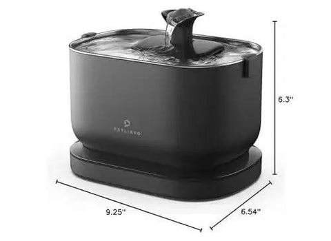 Cordless Battery Operated Cat Water Fountain With 2.5L Capacity, black stainless steel tray, shown with size measurements