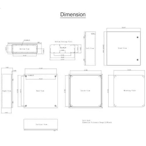 Technical drawing of NEMA 4X Steel Enclosure 24 By 24 By 8 Inches IP66 Waterproof Dustproof Outdoor Indoor Electrical Junction Box with dimensions