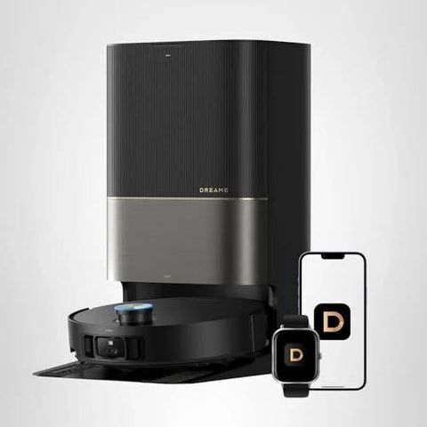DREAME X50 Ultra robot vacuum and mop with auto-empty dock; black and silver unit shown with smartphone nearby