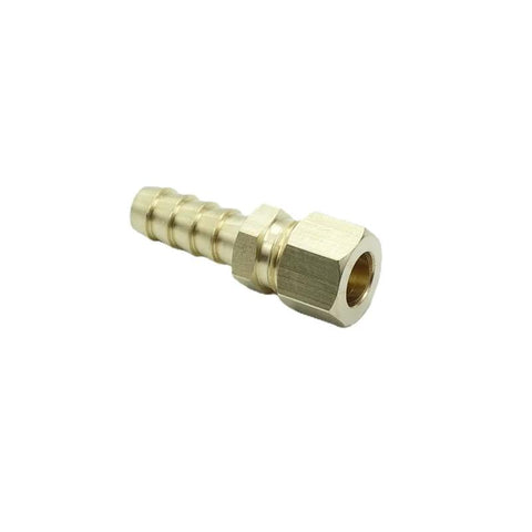 Brass compression fitting with 3/8 in tube to 3/8 in hose barb for automotive transmission cooler line.