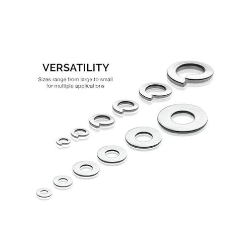 Stainless steel lock and flat washer assortment, 350-piece set with 12 sizes, diagonal display.