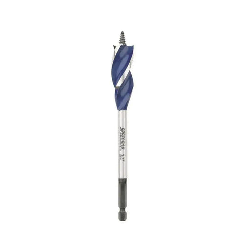 Tri Flute Wood Drill Bit Three Quarter Inch By Six Inch For Fast Clean Holes Built For Hardwood And Softwood Heavy Duty Speedbor Max Long Life Coated Cutter Reduces Friction From IRWIN 3041004, front view