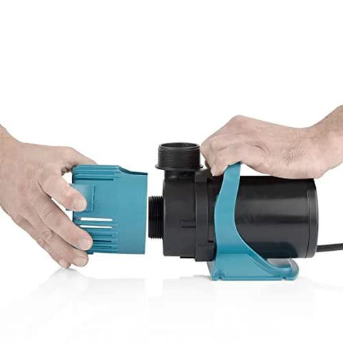 Alpine PEG3000 submersible pond pump, blue and black, with mounting base and threaded outlet.