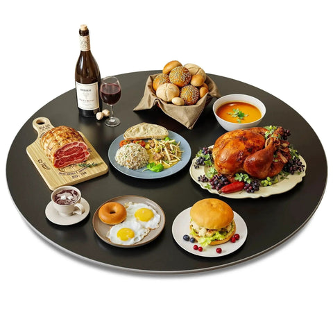 31.5 Inch Lazy Susan Turntable With 360 Degree Rotation Sintered Stone Silent Anti Slip Surface featuring assorted food display