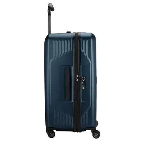 Side view of Ultimax II 26 Inch Medium Trunk Spinner Luggage With Tie Down Straps Matte Navy Durable Polycarbonate Hardshell TSA Approved Lock