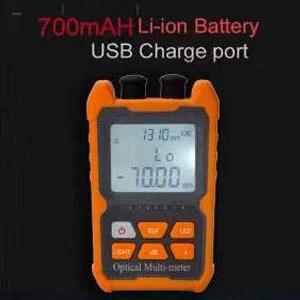 Orange mini optical fiber power meter with LCD screen, three black buttons, and USB charging port.