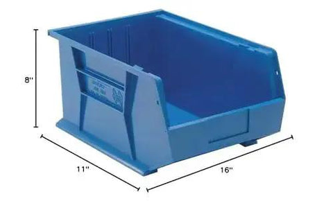 Ultra Stack and Hang Heavy Duty Part Organizer Bins 16 In L by 11 In W by 8 In H blue bin with front and side grips