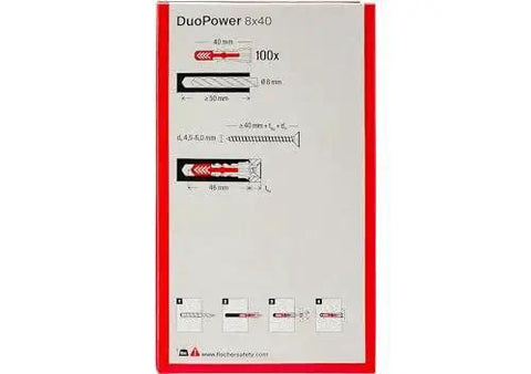 Diagram of 100 X DuoPower Dowels 8 X 40 mm for solid walls, perforated brick, and plasterboard with expansion system.