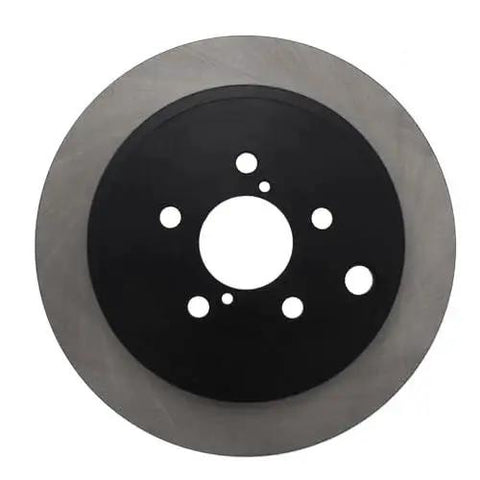 Front view of Centric Premium rear brake rotor; black center hub with bolt holes and silver outer braking surface