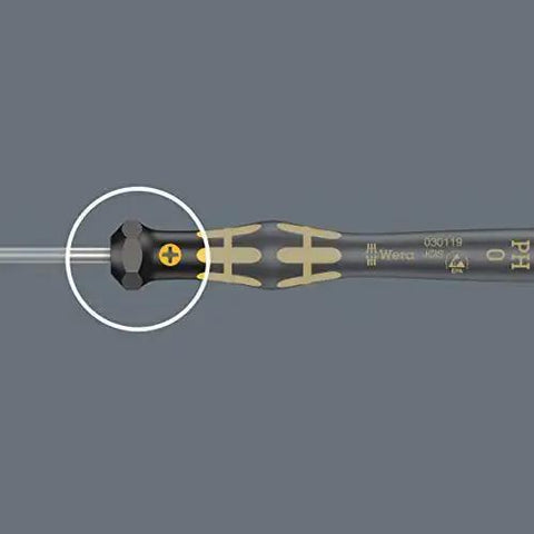 Close-up of ESD Safe Kraftform Micro Slotted Screwdriver with anti roll handle and swivel cap for precise slotted screws, 0.30 x 1.8 x 60 mm.