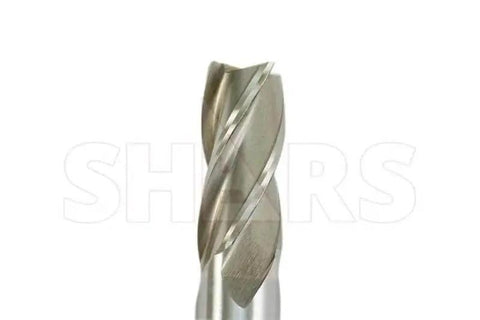 Close-up of an end mill from End Mill Set Ten Piece HSS Uncoated Four Flute Center Cut Single End For Milling From Three Sixteenths Inch To Three Quarters Inch Includes Four Shank Sizes Three Eighths Inch One Half Inch Five Eighths Inch Three Quarters Inch