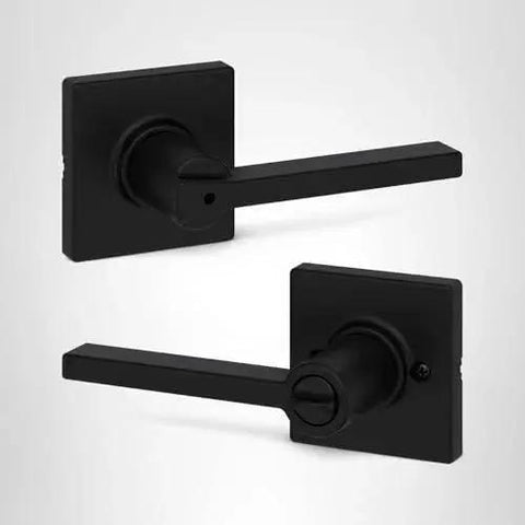 Front view of Casey Interior Privacy Door Lever With Lock For Bathroom And Bedroom Matte Black Reversible Turn Lock With Inside Release Tool