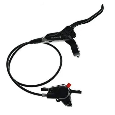 Side view of Shimano MT200 hydraulic disc brake lever with hose and caliper, front and rear set