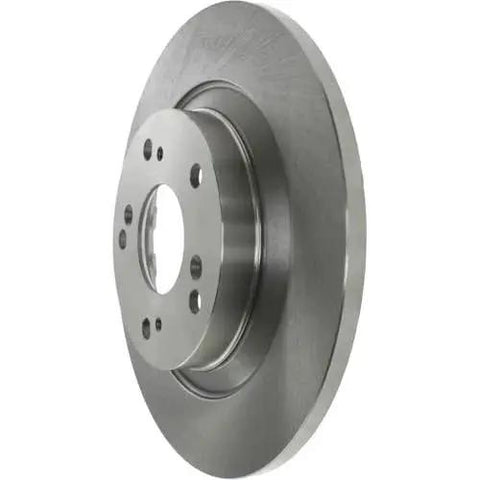 Rear brake rotor, front view, silver metal with central hub and mounting bolt holes