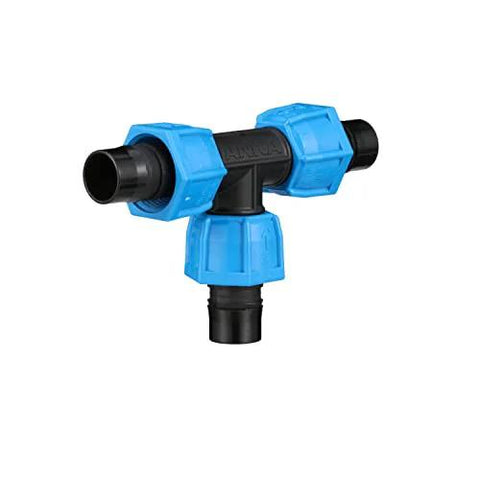 Watts ANKA poly-pipe tee fitting, 1-in x 1-in x 1-in, blue taper-nut seals on black nylon body for irrigation