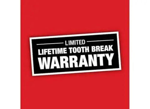 Red background with black and white label reading 'Limited Lifetime Tooth Break Warranty' for 13 Piece General Purpose Hole Dozer Hole Saw Kit.