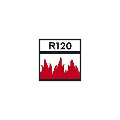Fire resistance symbol with R120 rating indicating durability against fire for 120 minutes, red flames on white background.