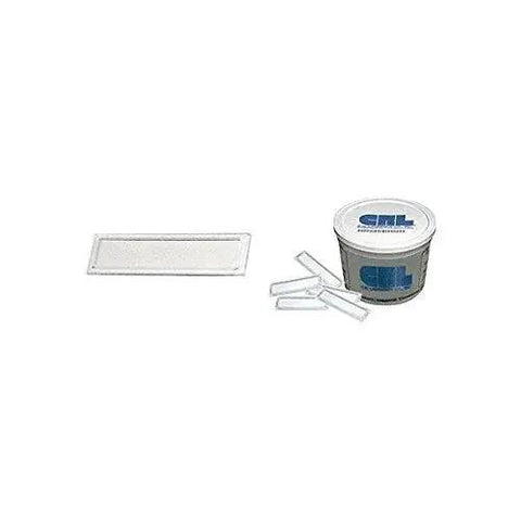 Bulk pack of 100 clear stick-on finger pulls next to a container for display showcases and glass doors.